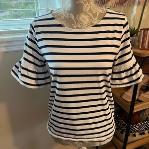 Navy blue and white striped J. Crew top